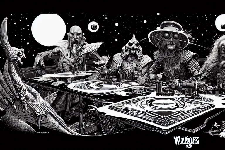 Image similar to a wizards table, high details, lineart, by vincent di fate and joe fenton, inking, etching, screen print, masterpiece, trending on artstation, sharp, high contrast, hyper - detailed,, hd, 4 k, 8 k