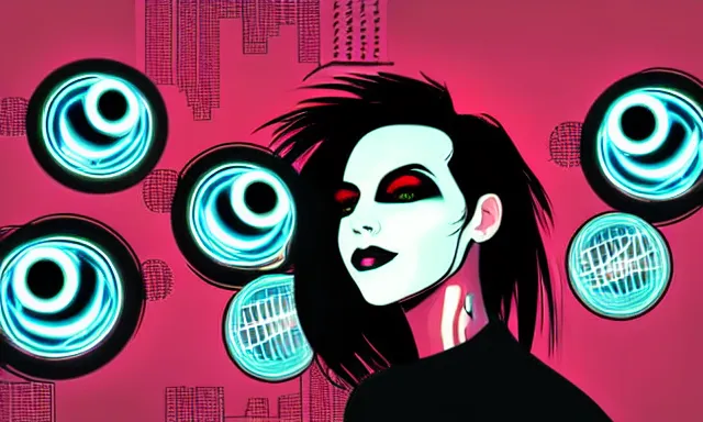 Prompt: portrait of a very very very beautiful, aesthetic cyberpunk woman smiling with glowing eyes, punk makeup, extremely stylish punk hair, late evening in a city, minimal, vector art