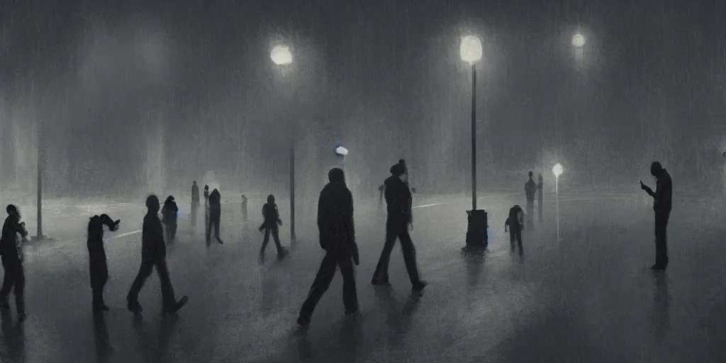 Prompt: people in black handing over documents to a group of scientists, night scene, rain, light smoke, concept art