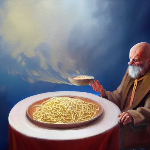 Prompt: painting of a mysterious old wizard summoning a bowl of pasta, atmospheric, oil painting, concept art, highly detailed