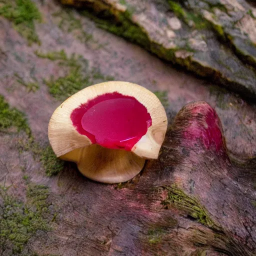 Image similar to a cut ruby gemstone mushroom, shiny, in the forest, high detail