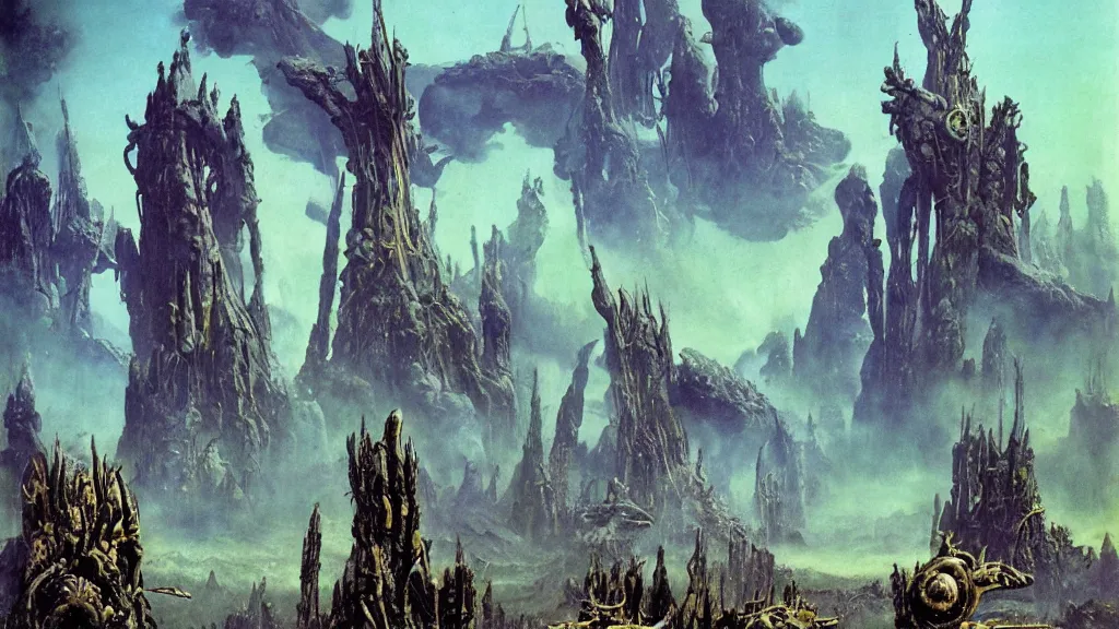 Image similar to surreal eerie alien planet empire with strange biomechanical plants by frank frazetta and bruce pennington, cinematic matte painting