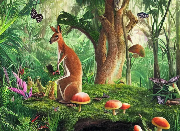 Prompt: a kangaroo sitting alone in an overgrown tropical forest, with mushrooms butterflies and sunrays, eating a cob of corn, omni magazine style