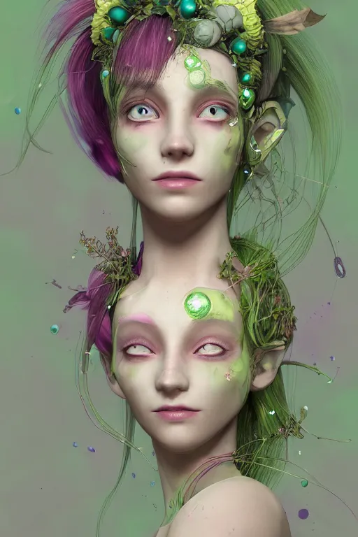 Prompt: nonbinary model glass skin, vine headdress, moss patches, 2 0 mm, with pastel yellow and green bubbles, pink hair, melting into leafeon, delicate, beautiful, intricate, houdini sidefx, by jeremy mann and ilya kuvshinov, jamie hewlett and ayami kojima, bold 3 d