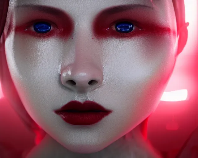 Image similar to a film still of a synthetic female human oracle wrapped in white cloth, beautiful, red eyes, tribal facepaint, neotokyo, cinematic lighting, high resolution, 4 k