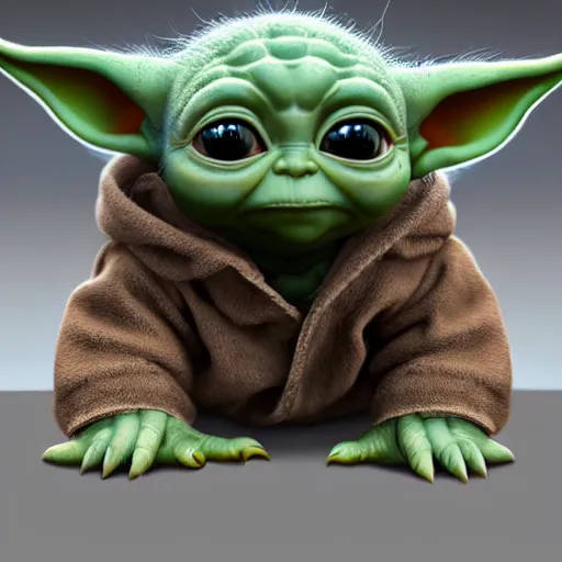 Image similar to full body pose, hyperrealistic photograph of baby yoda with a beard, dim volumetric lighting, 8 k, octane beautifully detailed render, extremely hyper detailed, intricate, epic composition, cinematic lighting, masterpiece, trending on artstation, very very detailed, stunning, hdr, smooth, sharp focus, high resolution, award, winning photo, dslr, 5 0 mm