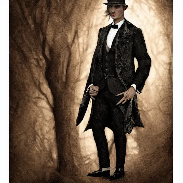 Image similar to photorealistic sepia kodachrome portrait of a 1 9 2 0 s era male occultist, well dressed, long - tailed tuxedo coat, atmospheric lighting, dark, brooding, painted, intricate, ultra detailed, well composed, best on artstation, cgsociety, epic, stunning, gorgeous, intricate detail, much wow, masterpiece