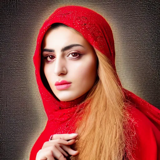 Prompt: portrait of a majestic Iranian young woman wearing a red shawl with long blonde hair, photorealist, 4k, DSLR Photograph