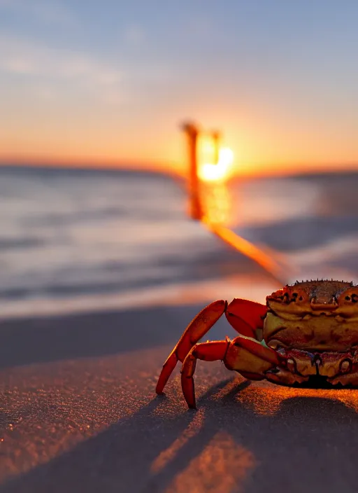 Prompt: photo of a crab drinking a beer at the beach, golden hour, Breathtaking, 8k resolution, extremely detailed, beautiful, establishing shot, artistic