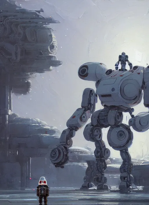 Image similar to an intricate oil painting of a giant pristine white droid mecha with rounded components and tarpaulin cloak by simon stalenhag, by ian mcque inspired by nier : automata, clean white lab background