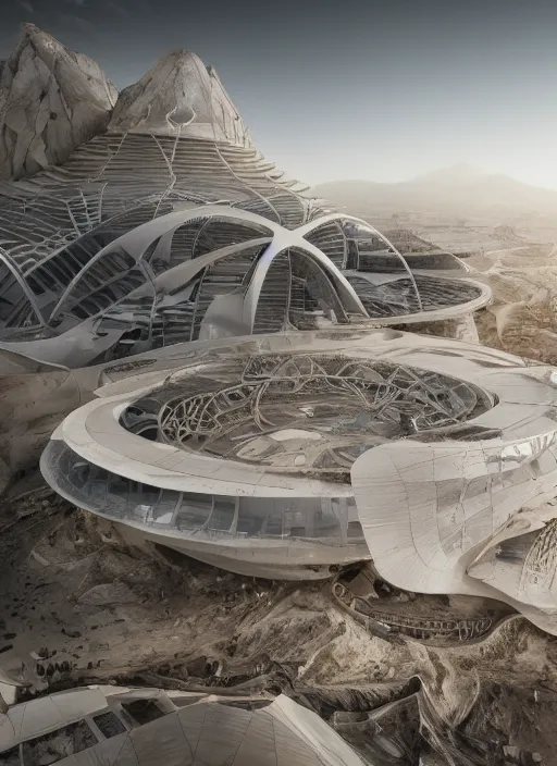 Image similar to bioremediation white mining tailing futuristic architecture in chuquicamata, epic, cinematic, hyperealistic, high detailed, corona render, hdr, ray tracing