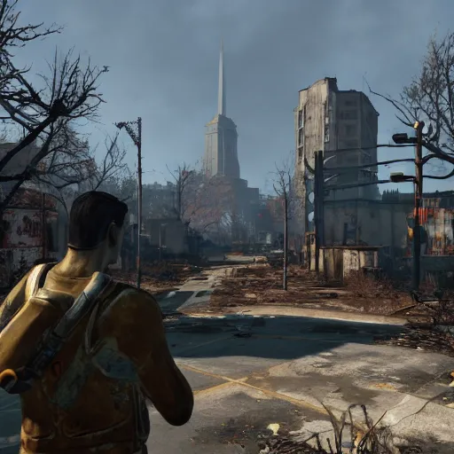 Prompt: st. louis in ruins post - nuclear war in fallout 4, in game screenshot