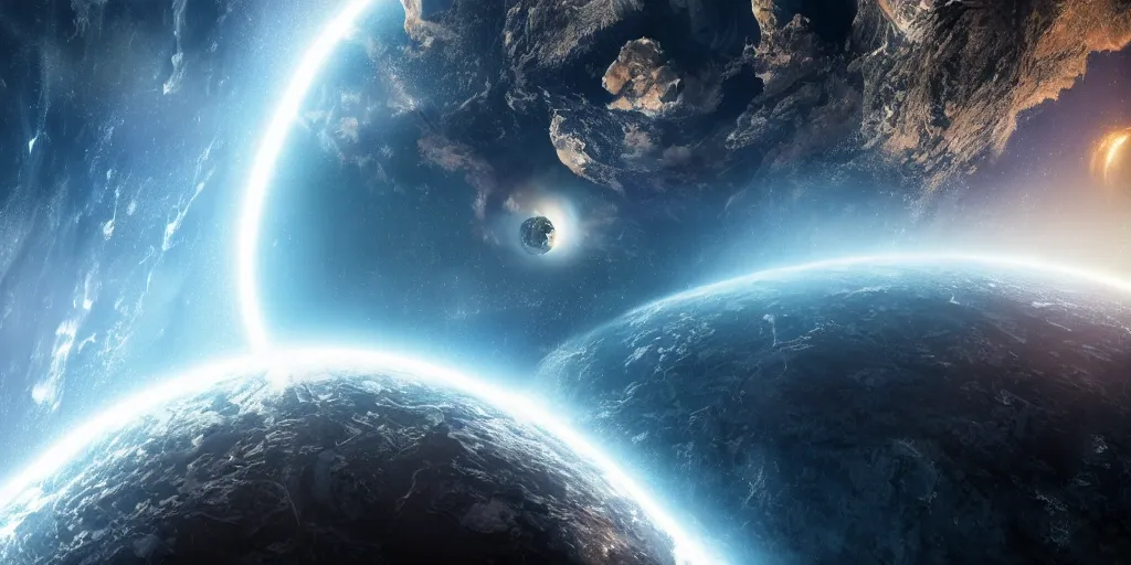 Image similar to view from 2 5 0 million miles in distance. a an epic depiction of the planet earth broken apart into 2 pieces, floating in space. dramatic lighting, highly coherent, highly detailed, epic, digital art, fifth element, dystopian, octane 3 d render.