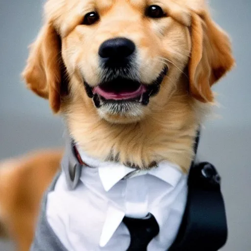 Prompt: a golden retriever that looks like tom cruise wearing a suit