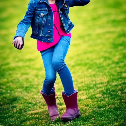 Prompt: a young spanish girl plays on a great green meadow, she wears a jacket, jeans and boots, she has two ponytails, photo taken by a nikon, highly detailed, sharp focus