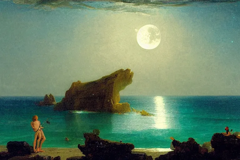 Image similar to The beach arch, refracted moon on the ocean, thunderstorm, greek pool, beach and Tropical vegetation on the background major arcana sky and occult symbols, by paul delaroche, hyperrealistic 4k uhd, award-winning, very detailed paradise