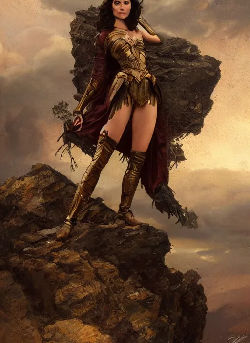 Image similar to oil painting of a highly detailed steampunk gal gadot posing while standing on a rock : leonardo da vinci, greg rutkowski, magali villeneuve