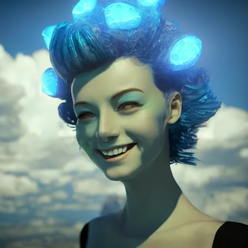 Image similar to blue plasma energy goddess smiling down on creation, dramatic lighting, hdr, hyper realistic, octane, unreal, blender, raytracing, trending on artstation