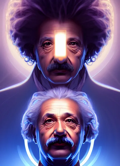 Image similar to symmetry!! portrait of einstein, sci - fi, glowing lights!! intricate, elegant, highly detailed, digital painting, artstation, concept art, smooth, sharp focus, illustration, art by artgerm and greg rutkowski and alphonse mucha, 8 k