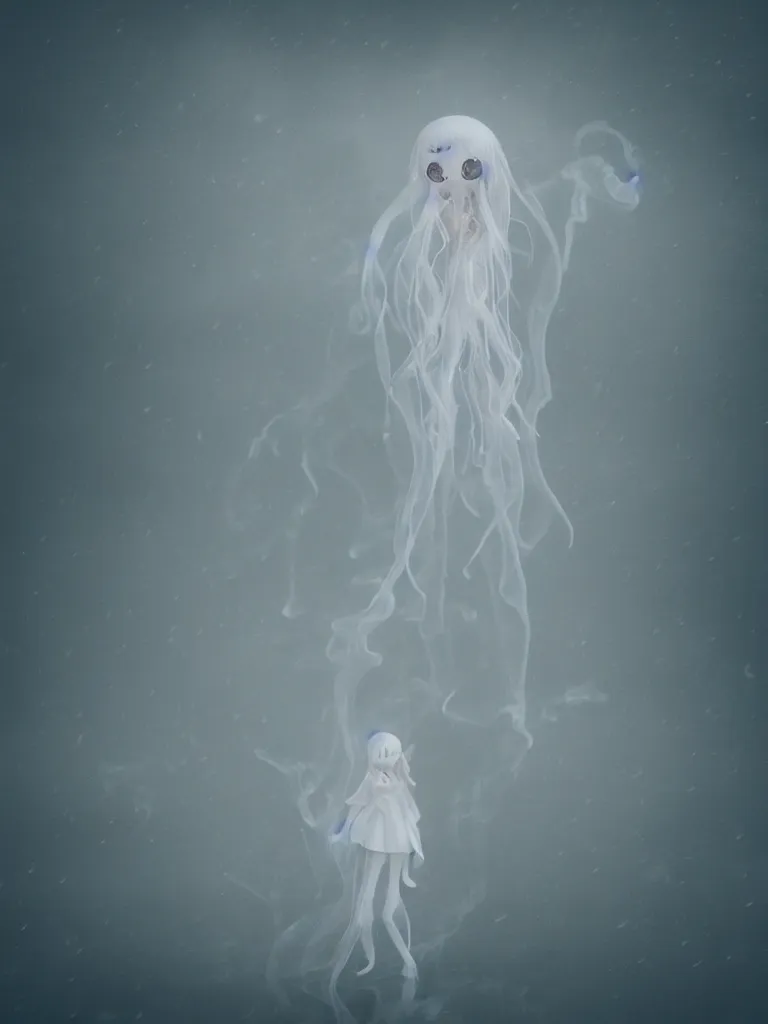 Image similar to cute fumo plush beautiful chibi ectoplasmic gothic skeletal jellyfish ghost girl, glowing milky wisps of hazy smoke and volumetric fog on a heavy rainstormy reflective river in the falling rain, lens flare, subsurface scattering, vignette, asymmetry, bokeh, refraction, vray