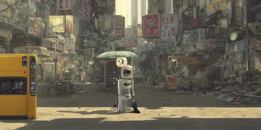 Prompt: incredible wide screenshot, simple watercolor, paper texture, ghost in the shell movie scene, distant shot of robot vending machine sitting under a yellow striped parasol in deserted dusty shinjuku junk town, old pawn shop, bright sun bleached ground , vending machine robot monster lurks in the background, ghost mask, teeth, animatronic, black smoke, pale beige sky, junk tv, texture, strange, impossible, fur, spines, mouth, pipe brain, shell, brown mud, dust, bored expression, overhead wires, telephone pole, dusty, dry, pencil marks, genius party,shinjuku, koji morimoto, katsuya terada, masamune shirow, tatsuyuki tanaka hd, 4k, remaster, dynamic camera angle, deep 3 point perspective, fish eye, dynamic scene