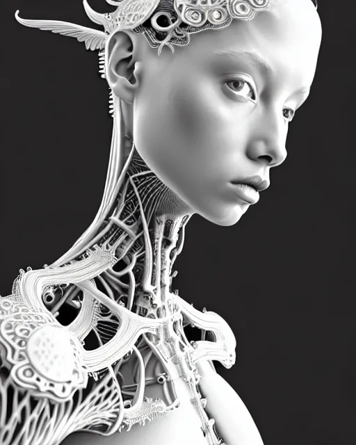 Prompt: bw 3 d render, beautiful angelic biomechanical albino girl cyborg with a porcelain profile face, rim light, big leaves and stems, roots, fine foliage lace, alexander mcqueen, art nouveau fashion embroidered collar, steampunk, silver filigree details, hexagonal mesh wire, mandelbrot fractal, elegant, artstation trending