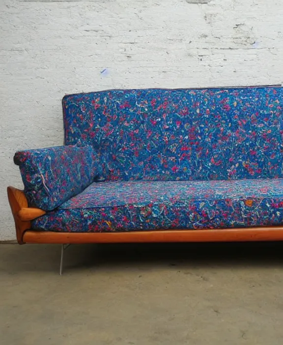 Image similar to , large couch, furniture design, wood, nostalgiacore, vintage, 1 9 5 0's decor, 1 9 7 0's decor, retro, maximalism,, groovy, low fi,