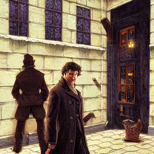 Prompt: Waynes Haberdashery from the Book Series Mistborn Illustrated by Michael Whelan