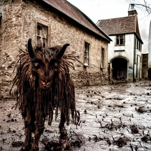 Image similar to horror, moody, still from film, daytime, muddy village square, wide shot, screeching mutant goat monster, powerful, with a mouth crammed full of filthy jagged teeth, matted brown fur, in muddy medieval village square