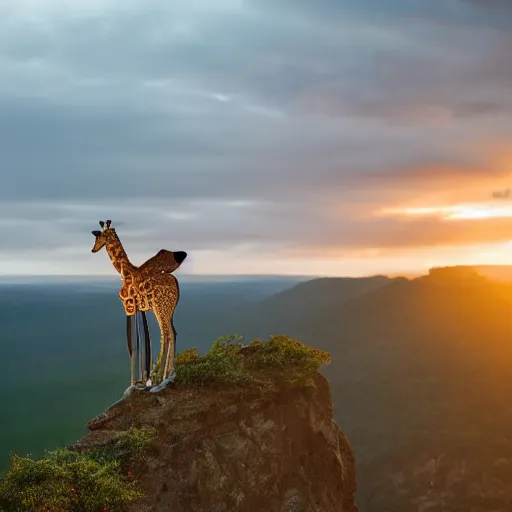 Image similar to professional photograph of an anthropomorphic giraffe wearing a green rain jacket standing on the ledge of a cliff during a sunset, 8k, dslr, cinematic,