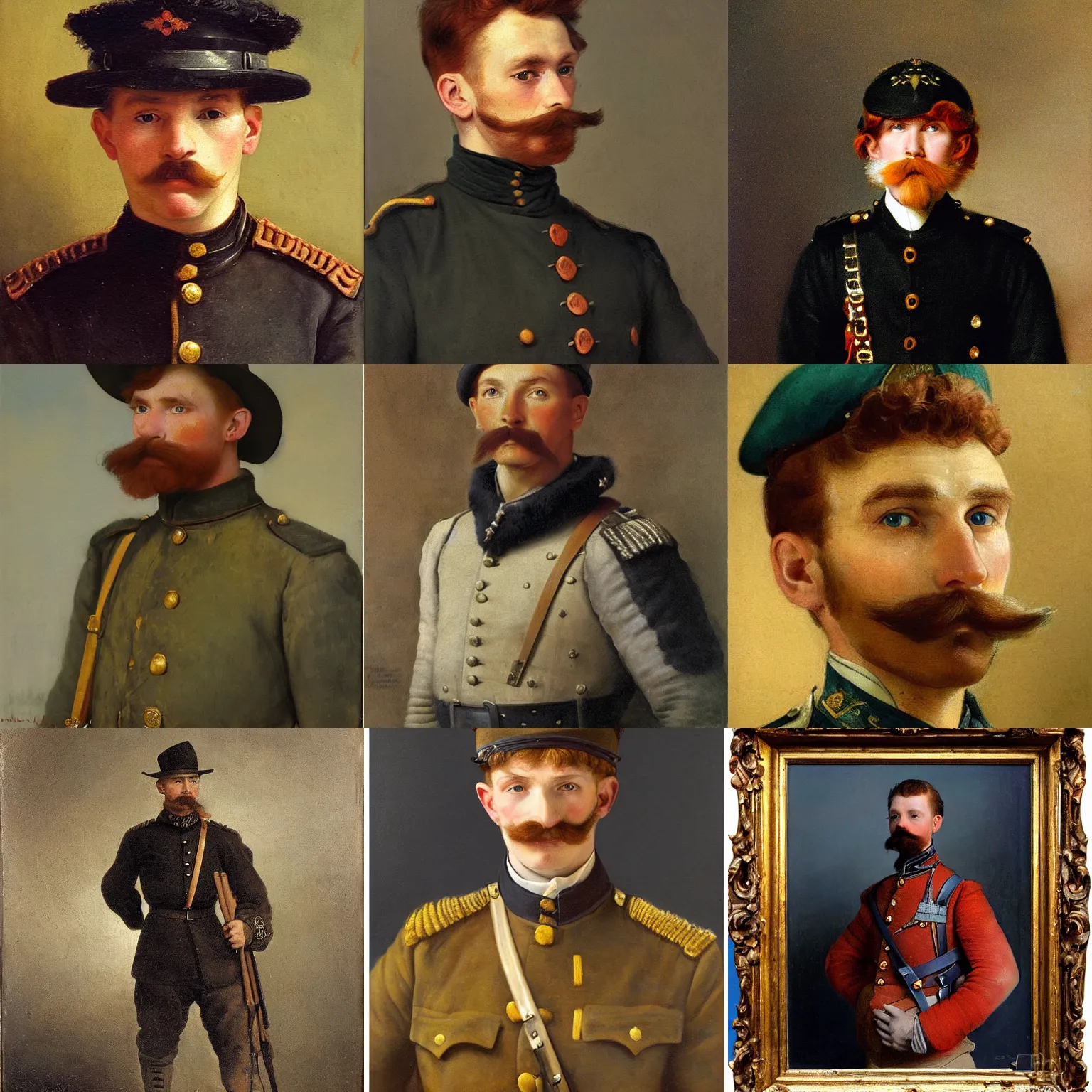 Prompt: late 1 9 th century, austro - hungarian!!! soldier ( handsome, 2 7 years old, redhead ( ( michał zebrowski ) ) with a small mustache ). old, detailed, hyperrealistic, 1 9 th century, full length, oil painting by paul brason, rembrandt, velazquez, munkacsi