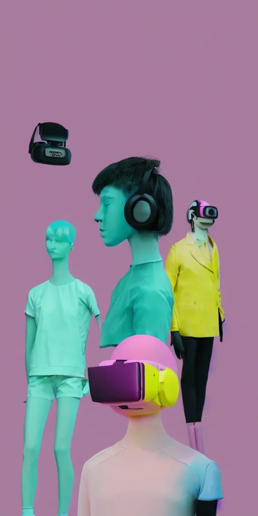 Image similar to 3d matte render, VR goggles, mannequins, dj rave party, Hsiao-Ron Cheng, pastel colors, hyper-realism, pastel, polkadots, minimal, simplistic, amazing composition, vaporwave, wow, Gertrude Abercrombie, Beeple, minimalistic graffiti masterpiece, minimalism, 3d abstract render overlayed, black background, psychedelic therapy, trending on ArtStation, ink splatters, pen lines, incredible detail, creative, positive energy, happy, unique, negative space, pure imagination painted by artgerm