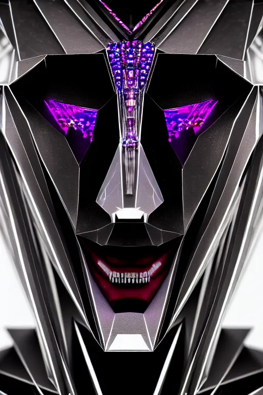 Image similar to hyperrealism, dreamland of chinese, ghost, sharp, slender and densely arranged teeth, futuristic, art deco, expressive, dystopian, cyberpunk, mecha, halfturn portrait of a big crystal face made of crystals half - turn, ominous, intricate, oc rendered, concept art, 4 k, sharp focus