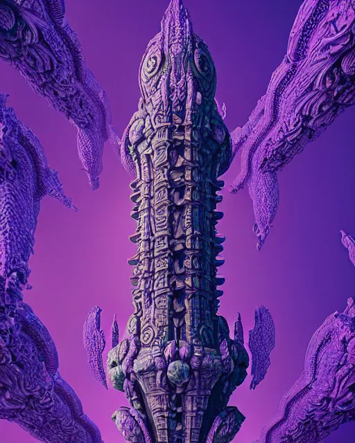 Image similar to detailed render giant alien greeble tower art nouveau rococo architecture carved out of complex mandelbulb with royal purple quartz rendered in cinema 4 d octane