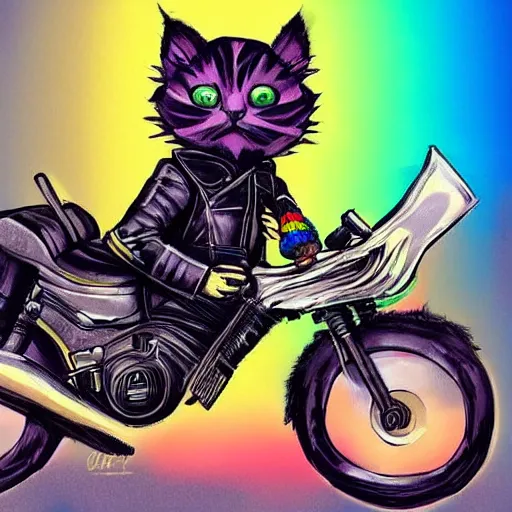 Image similar to wide angle full body, jacket wearing fluffy cute rainbow kitten wearing a black leather motorcycle jacket, riding on a motorcycle, cinematic concept art