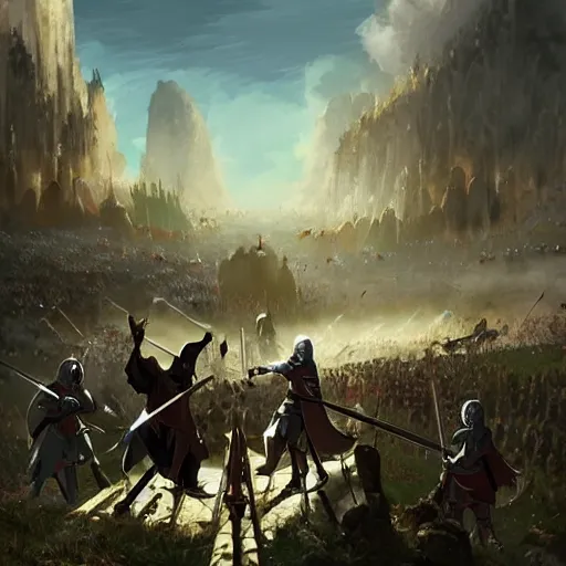 Image similar to a beautiful medieval battle between Knight, Templar against Orc, in anime style highly detailed by Raphael Lacoste, greg rutkowski, makoto shinkai