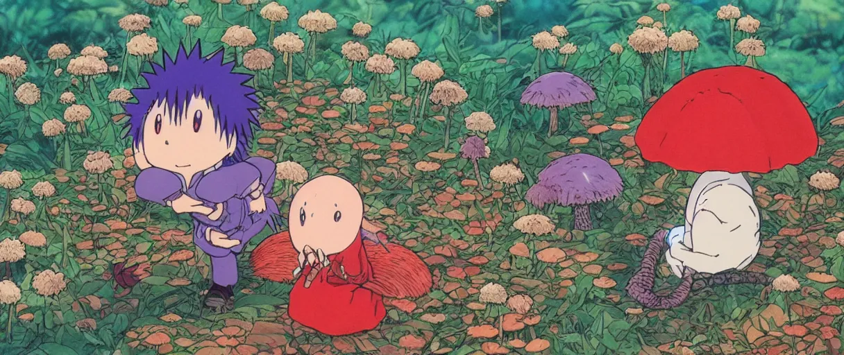 Image similar to anime by hayao miyazaki, hedgehog with purple needles hides under fly agaric from the rain