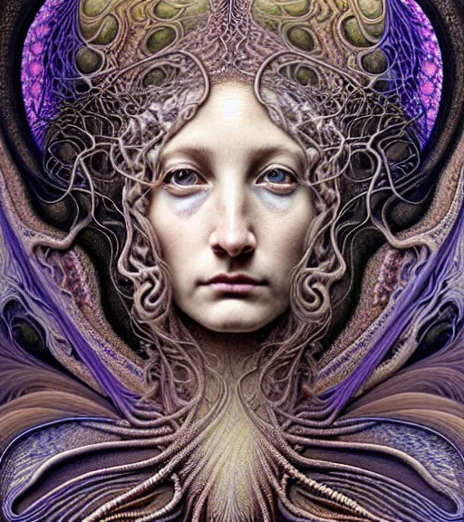 Image similar to detailed realistic beautiful psychedelic goddess face portrait by jean delville, gustave dore, iris van herpen and marco mazzoni, art forms of nature by ernst haeckel, art nouveau, symbolist, visionary, gothic, neo - gothic, pre - raphaelite, fractal lace, intricate alien botanicals, ai biodiversity, surreality, hyperdetailed ultrasharp octane render