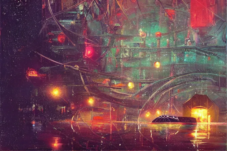 Image similar to river boats speeding between spherical tree houses on flooded streets of new york painting, red and green palette, night lights, starry sky, by ( ( ( ( ( ( ( ( ( h. r. giger ) ) ) ) ) ) ) ) ) and paul lehr