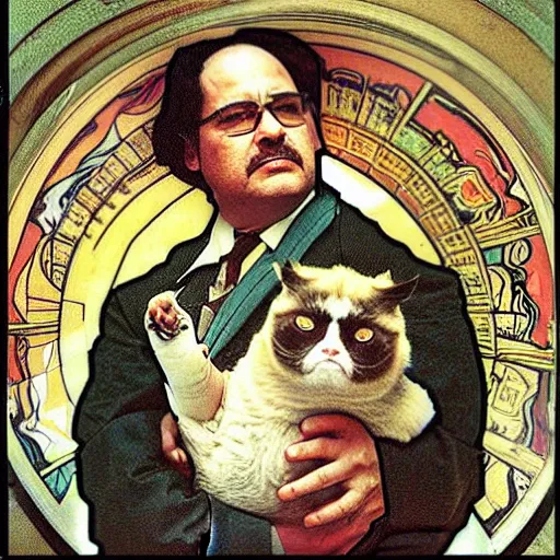 Image similar to “ portrait of george costanza holding grumpy cat, very detailed, by alphonse mucha ”