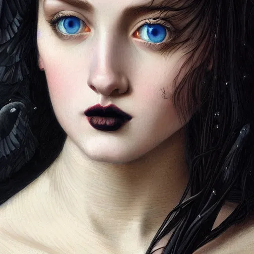 Image similar to full body portrait of a girl with blue eyes, gentle face, long dark hair, intricate detailed goth dress, among ravens, highly detailed, deep focus, elegant, digital painting, smooth, sharp focus, golden ratio, illustration, ultra realistic, 8 k, art by artgerm, artemisia lomi gentileschi and caravaggio