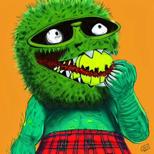 Prompt: a tennis ball monster ,tennis ball, stoned and high, smoking, edibles, scotland, wearing a kilt, digital art, fantasy, magic, trending on artstation, ultra detailed, professional illustration by Basil Gogos