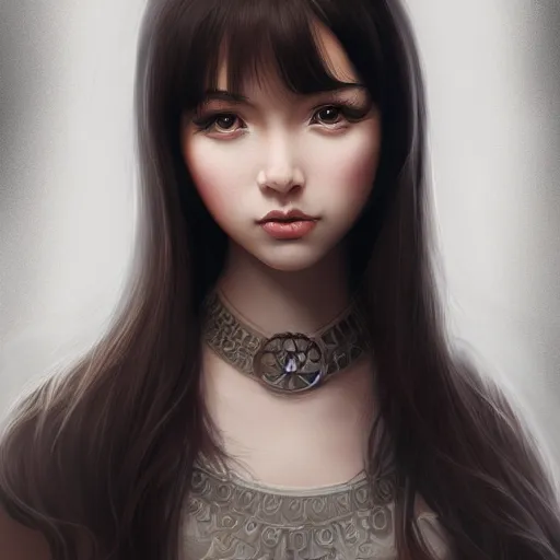 Image similar to teen girl, long black hair, gorgeous round face, brown pollover, amazing, elegant, intricate, highly detailed, digital painting, artstation, concept art, sharp focus, illustration, art by ross tran