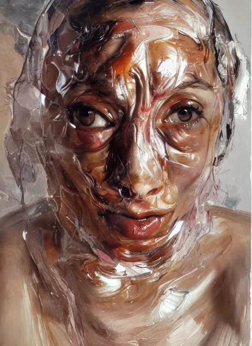 Image similar to high quality high detail painting by jenny saville, hd, a skinny beautiful woman, her face is breaking into pieces, photorealistic lighting
