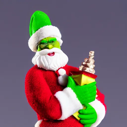 Prompt: grinch holding a miniature figurine of a santa claus 8 k