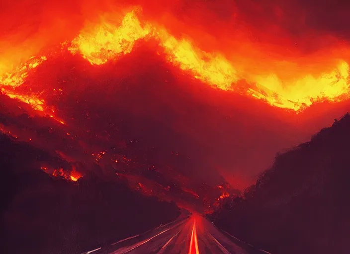 Image similar to beautiful and terrible fires of los angeles, atmoshperic, sharp focus, dark road, red sun, huge lips, trending on artstation, intricate details