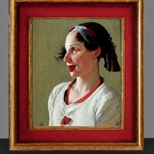Prompt: frontal portrait of a woman with a theater mask, by norman rockwell