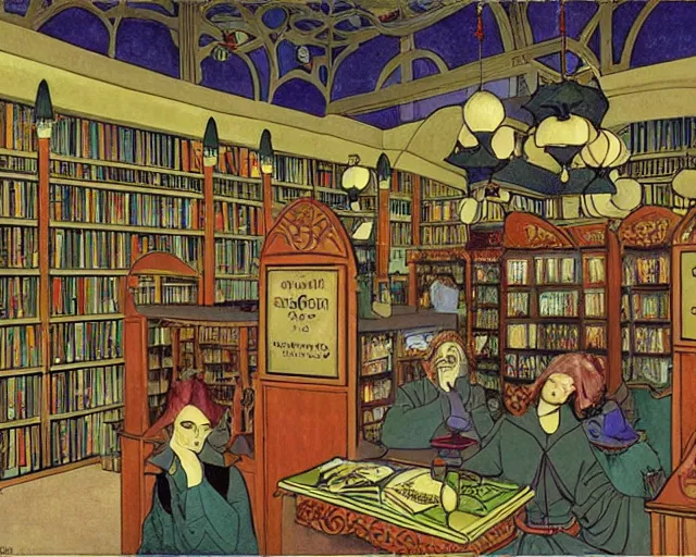 Prompt: bookstore filled with witches detailed painting art nouveau in the style of george barbier