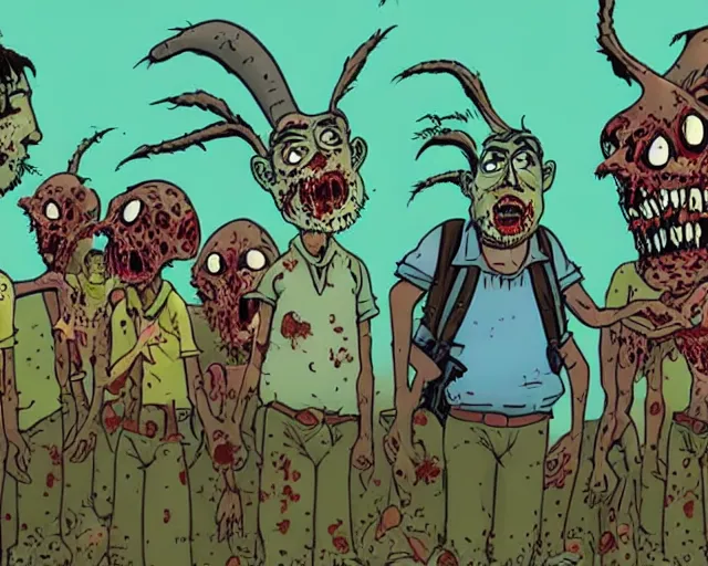 Prompt: still from the animated movie “the walking dead” by dr Seuss, horror