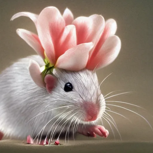 Image similar to photo realistic white rat holding a flower cinematic composition, hyper realism, cute